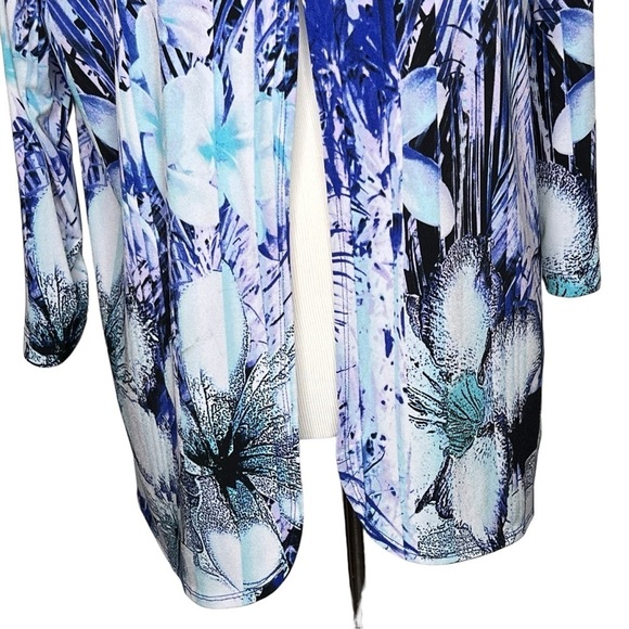 Chicos Easy Wear Open Front Cardigan Size L Packable Blue Black Tropical Print - Picture 5 of 10